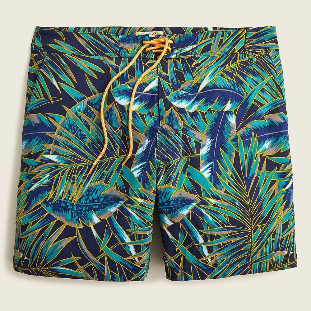 J. Crew Men's Tropical Palm Print Board Shorts in Navy, Teal & Yellow